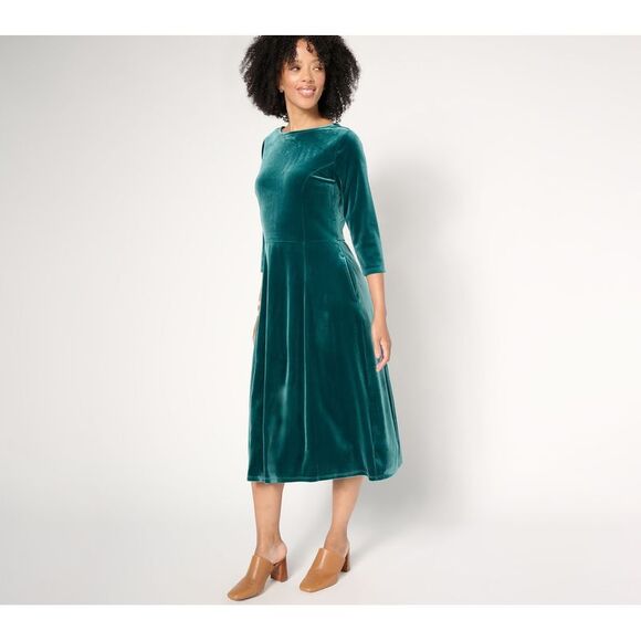 Denim & Co. Women's Plus Sz Dress 1X Regular Knit Velvet Round Green A668783 - Picture 1 of 4